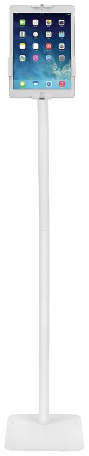 Une tablette dans un support blanc affiche un écran avec différentes icônes d'applications sur une longue colonne blanche.