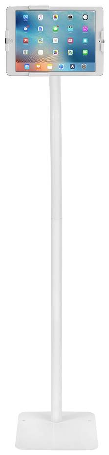 Une tablette est posée sur un support blanc. L'écran affiche des icônes d'applications colorées. Le support est fin et élancé.