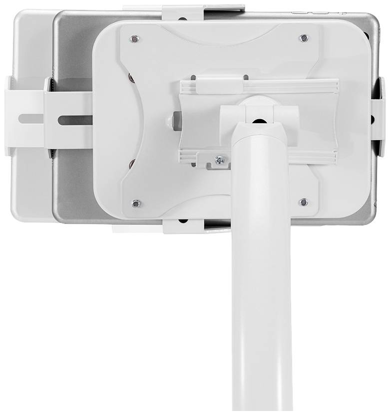 Un support mural blanc pour tablette ou écran, fixé à un support vertical, avec des pinces ajustables.