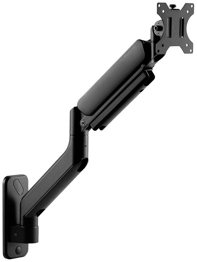 Un bras de moniteur noir pivotant pour montage mural, doté d'articulations réglables, adapté pour supporter des écrans.