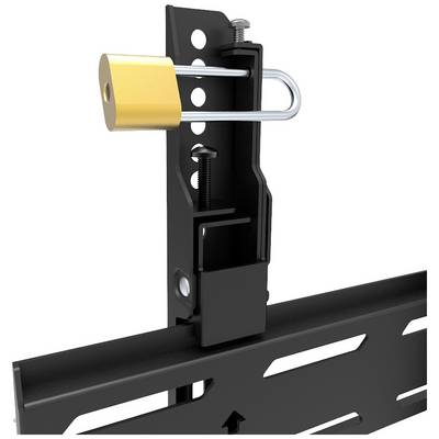 Un système de montage métallique noir avec un cadenas pour sécuriser l'ensemble. Il illustre la construction robuste et le mécanisme de verrouillage.