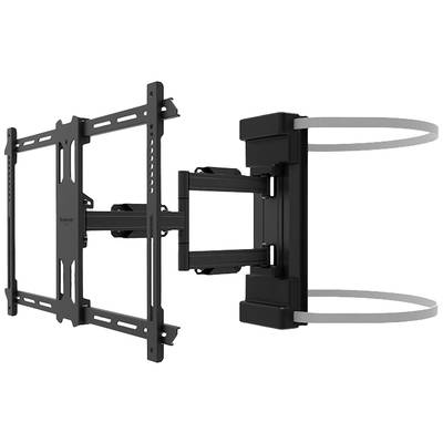 L'illustration montre un support mural noir pour téléviseur avec des bras ajustables pour une fixation murale. Adapté pour les grands écrans.