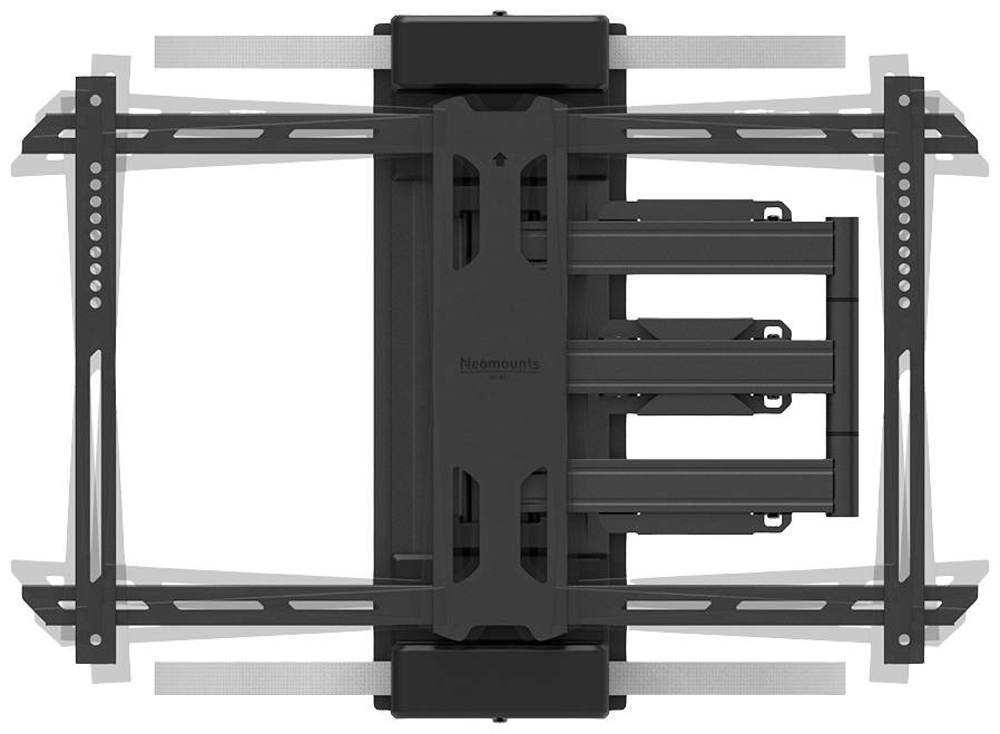 Support mural pour téléviseur en noir, monté en position étendue. Des bras articulés sont visibles pour ajuster la position de l'écran.