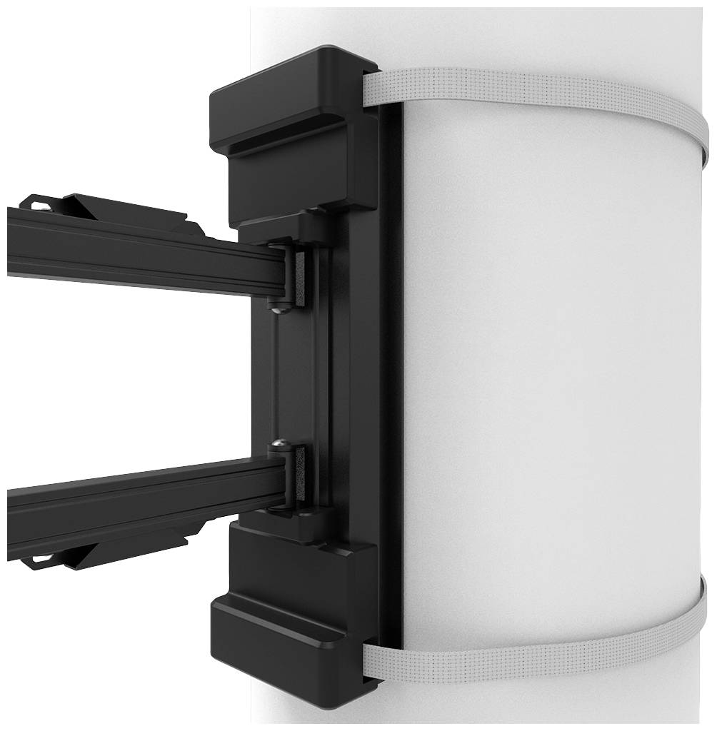 Un élément de fixation noir entoure une surface ronde blanche et est maintenu par deux bandes grises.