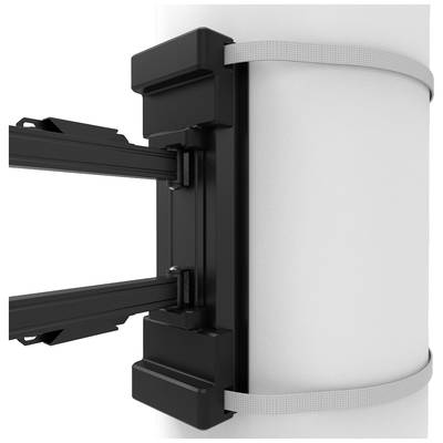Un élément de fixation noir entoure une surface ronde blanche et est maintenu par deux bandes grises.