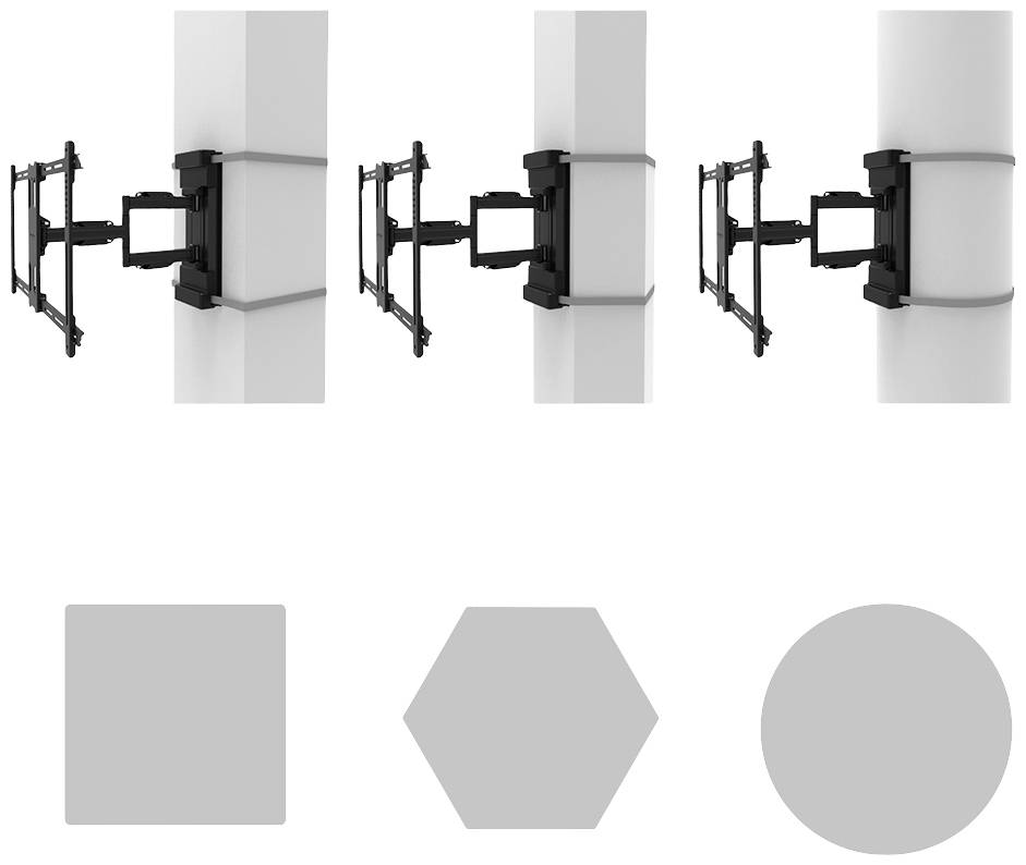 Support mural pour écrans plats, adapté aux colonnes rondes et carrées. Diverses options de réglage et exemples de configurations.