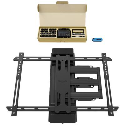 Support mural noir pour téléviseur avec bras articulés, accessoires de montage dans le carton, référence de taille USB à droite.