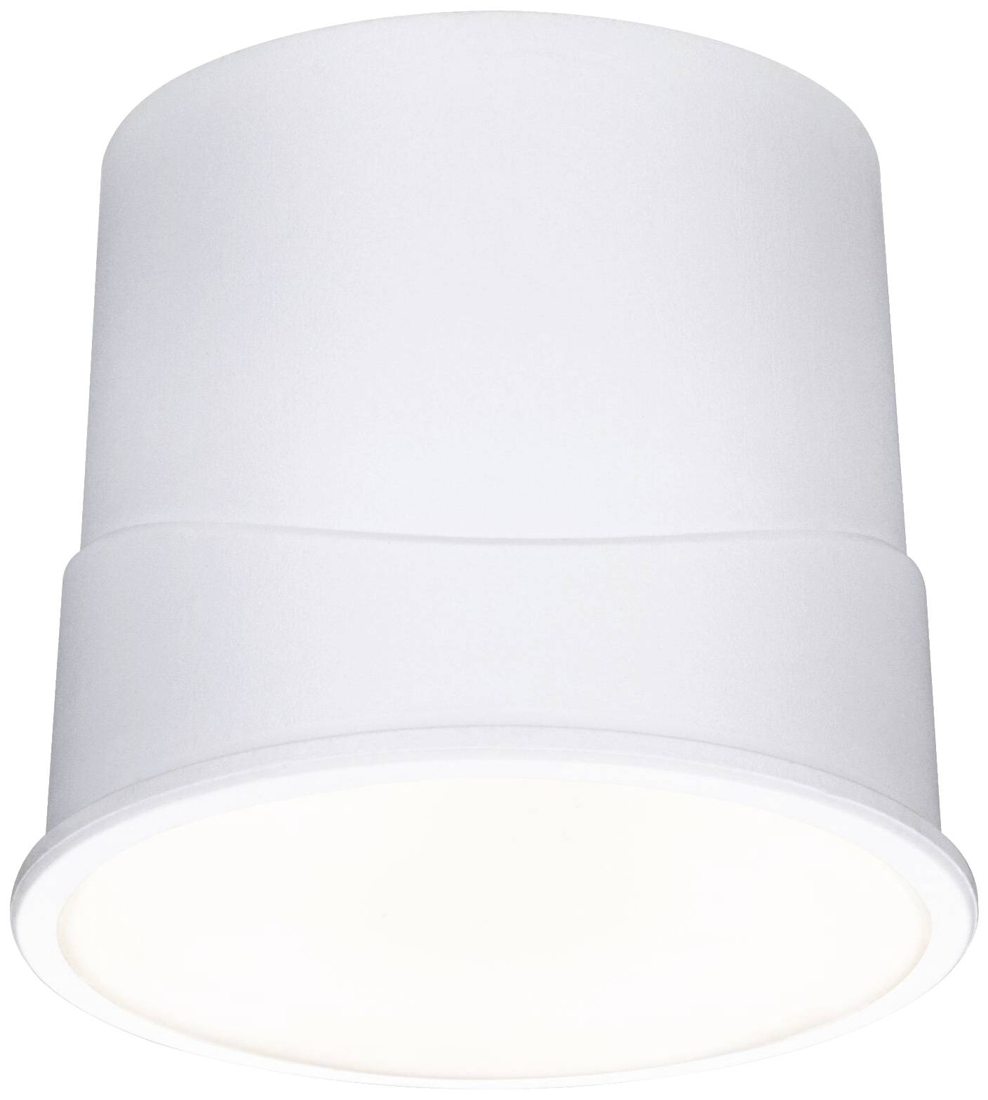 Un luminaire de plafond cylindrique blanc à lumière diffuse, adapté aux espaces intérieurs modernes.