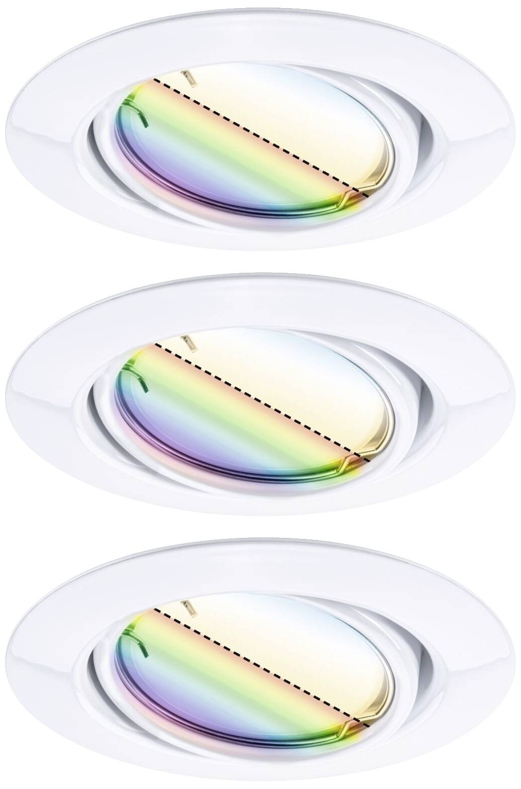 Trois luminaires LED circulaires blancs au plafond, disposés verticalement, avec un effet arc-en-ciel circulaire sur la lentille.