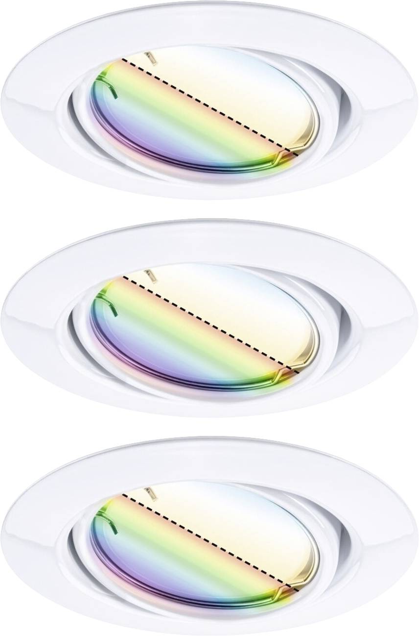 Trois spots encastrés ronds avec un reflet lumineux coloré sur la lentille. Ils sont disposés de manière uniforme en rangée verticale.