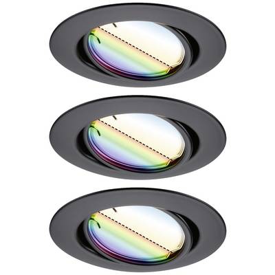 Trois lampes encastrées rondes noires avec des hublots irisés aux couleurs arc-en-ciel, disposées uniformément en ligne verticale.