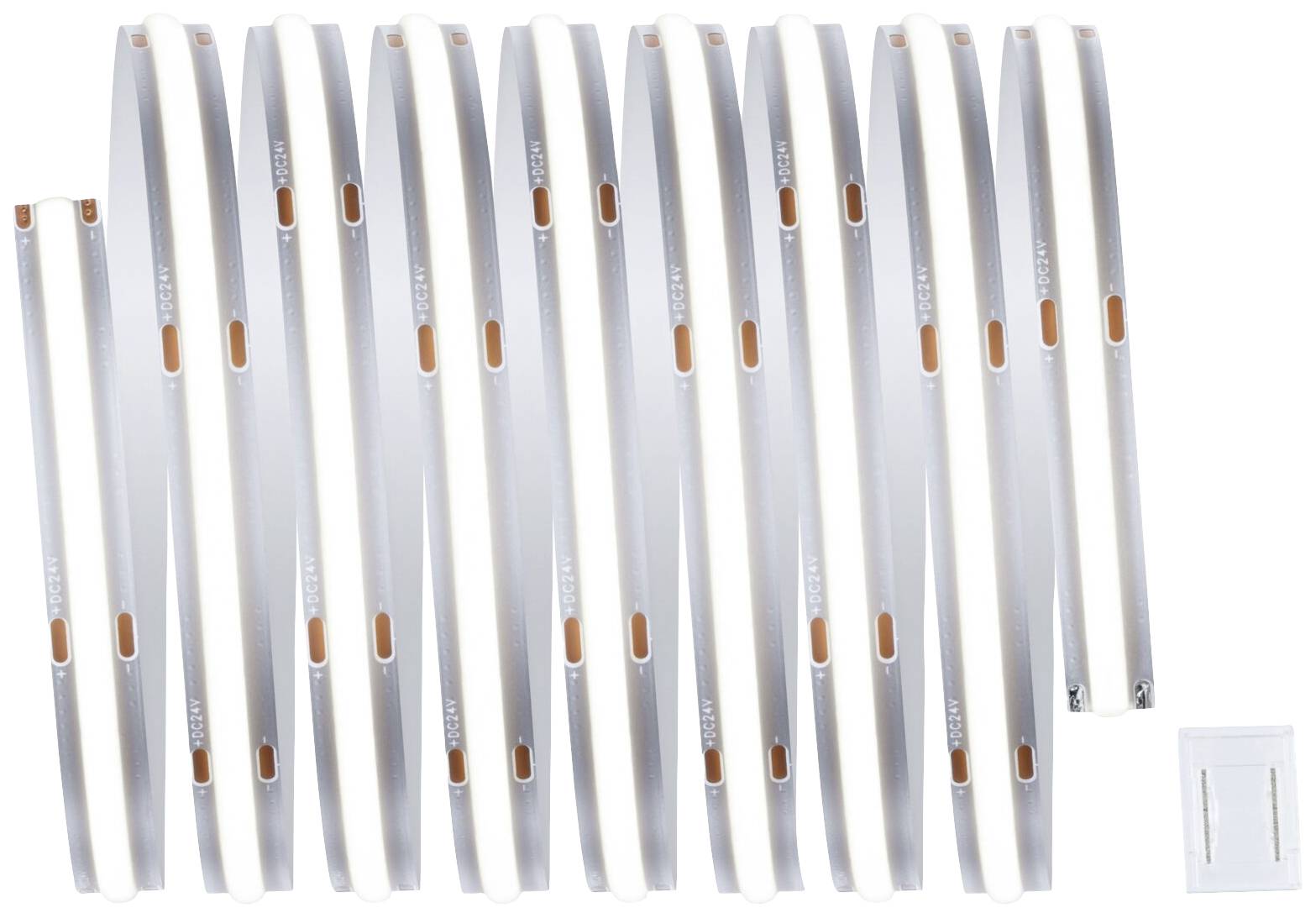 Plusieurs longues bandes LED blanches côte à côte sur un fond blanc. Une petite boîte d'accessoires se trouve en bas à droite.