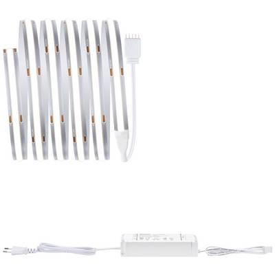 Bande lumineuse LED enroulée, connectée à un bloc d'alimentation blanc avec fiche.