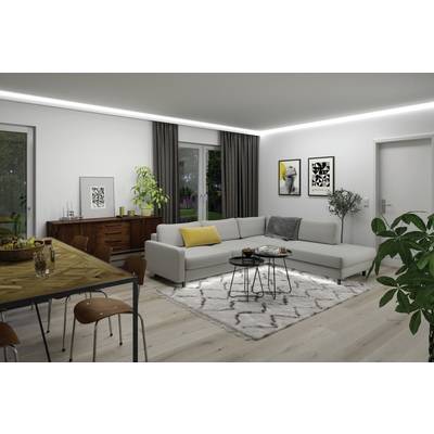 Salon avec un canapé gris, des murs blancs, une table à manger couleur bois, des tableaux d'art moderne aux murs et des plantes en décoration.