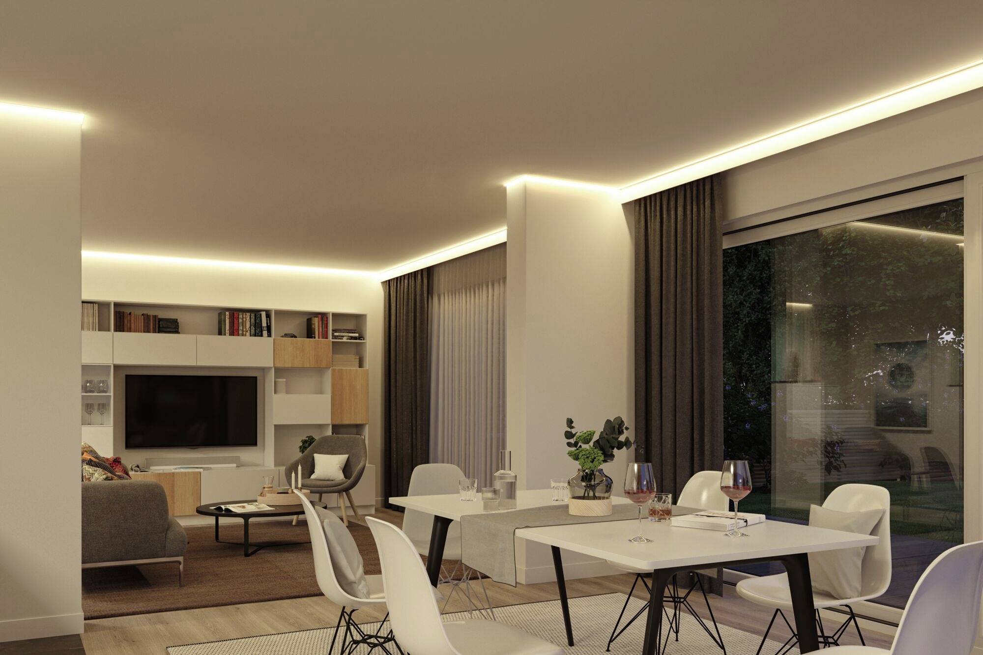 Salon moderne avec un éclairage élégant, une table à manger et des chaises. À l'arrière-plan, une télévision et un canapé, créant une atmosphère chaleureuse et accueillante.
