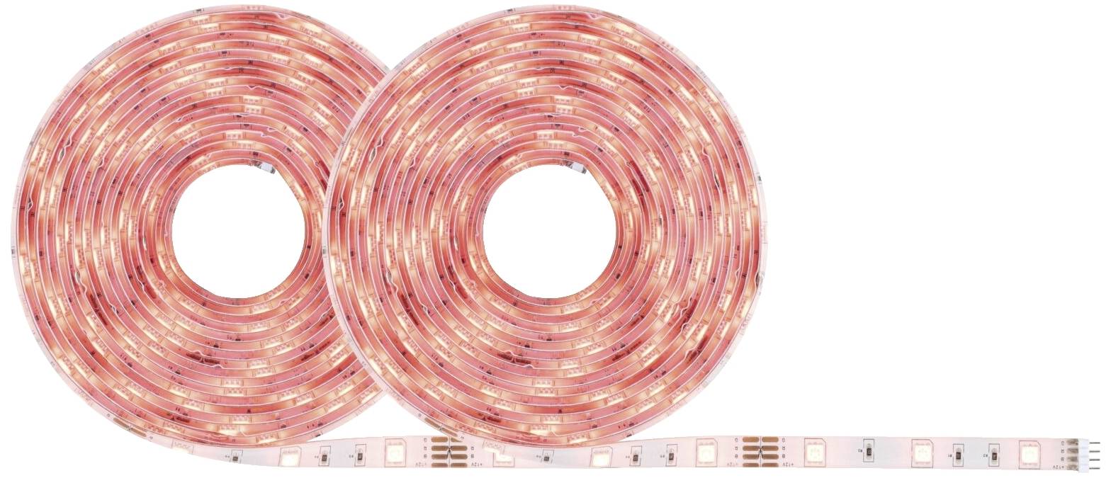 Deux bandes lumineuses LED enroulées en rose, disposées côte à côte. Une section de la bande est déroulée, montrant les lampes LED visibles.
