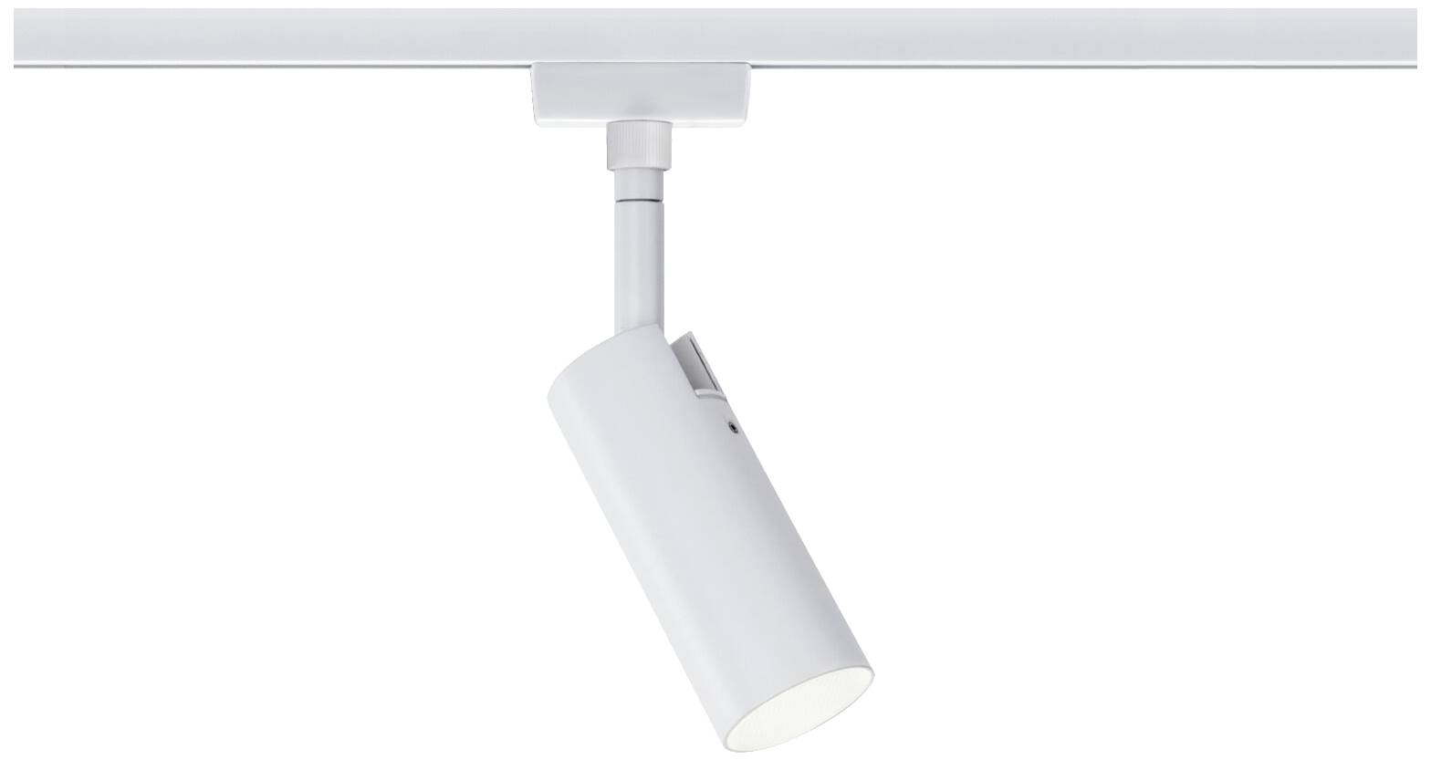Un luminaire sur rail blanc individuel fixé à un support, orienté vers le bas, adapté à l'éclairage directionnel dans les espaces intérieurs.
