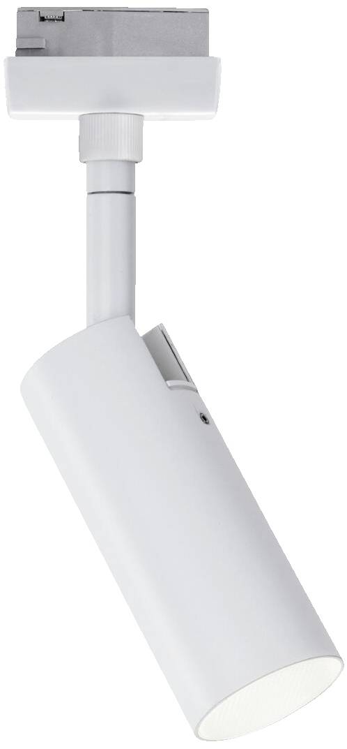 Un projecteur LED cylindrique blanc pour systèmes de rails, orienté verticalement. Adapté pour un éclairage ciblé à l'intérieur.