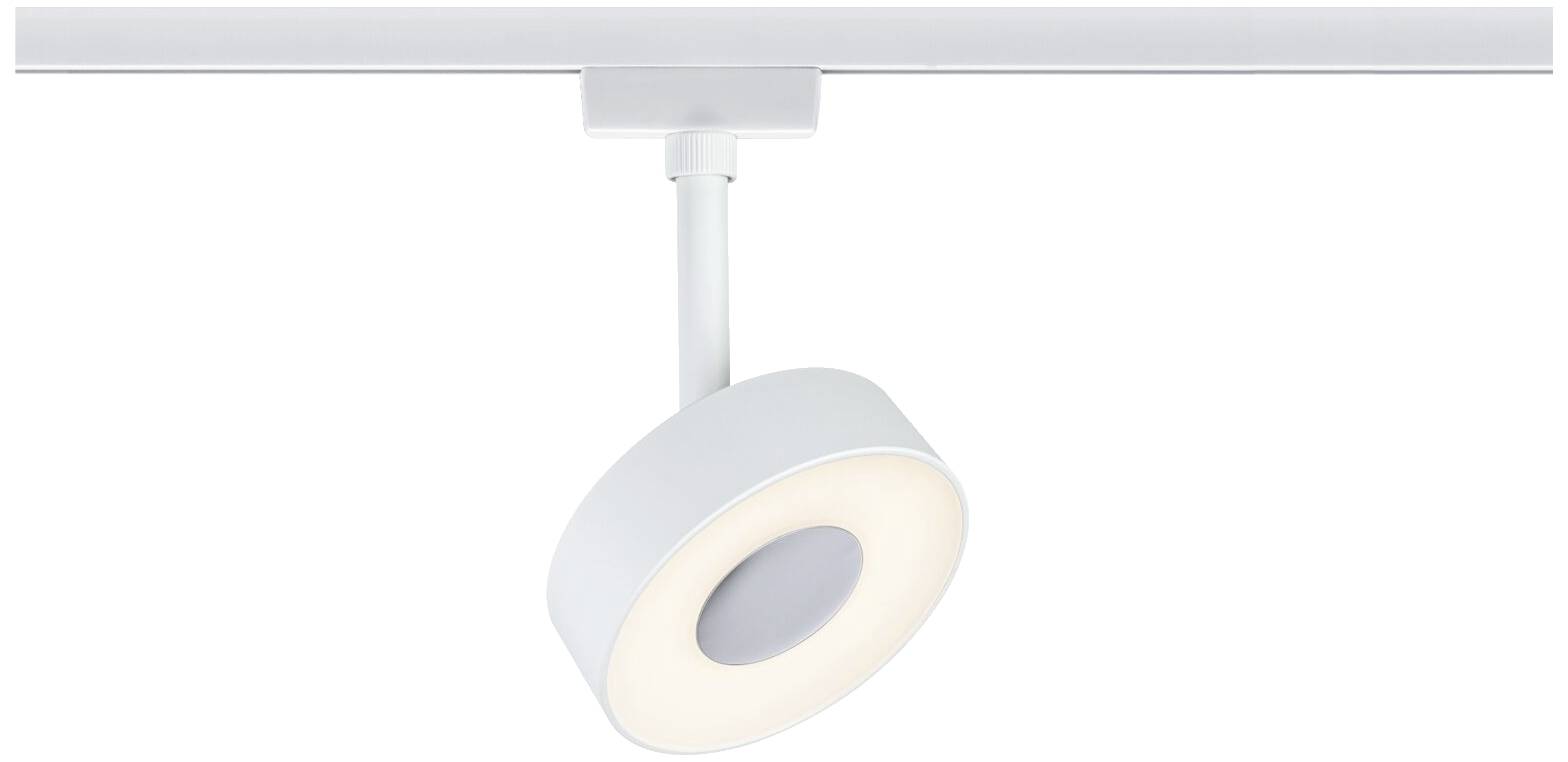 Un luminaire de plafond LED moderne, blanc, de forme cylindrique, monté sur rail, diffuse une lumière chaleureuse.