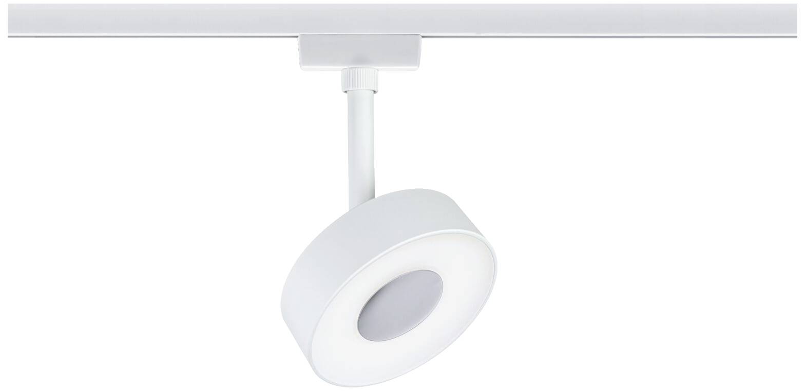Un projecteur LED circulaire blanc est monté sur un rail et dirigé vers le bas.