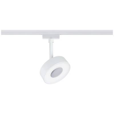 Un projecteur LED circulaire blanc est monté sur un rail et dirigé vers le bas.