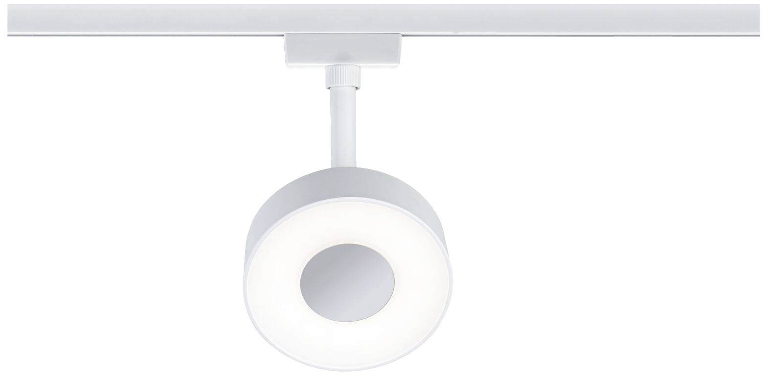 Un luminaire de plafond moderne, rond, en blanc, fixé sur un rail. Idéal pour un éclairage uniforme de la pièce.