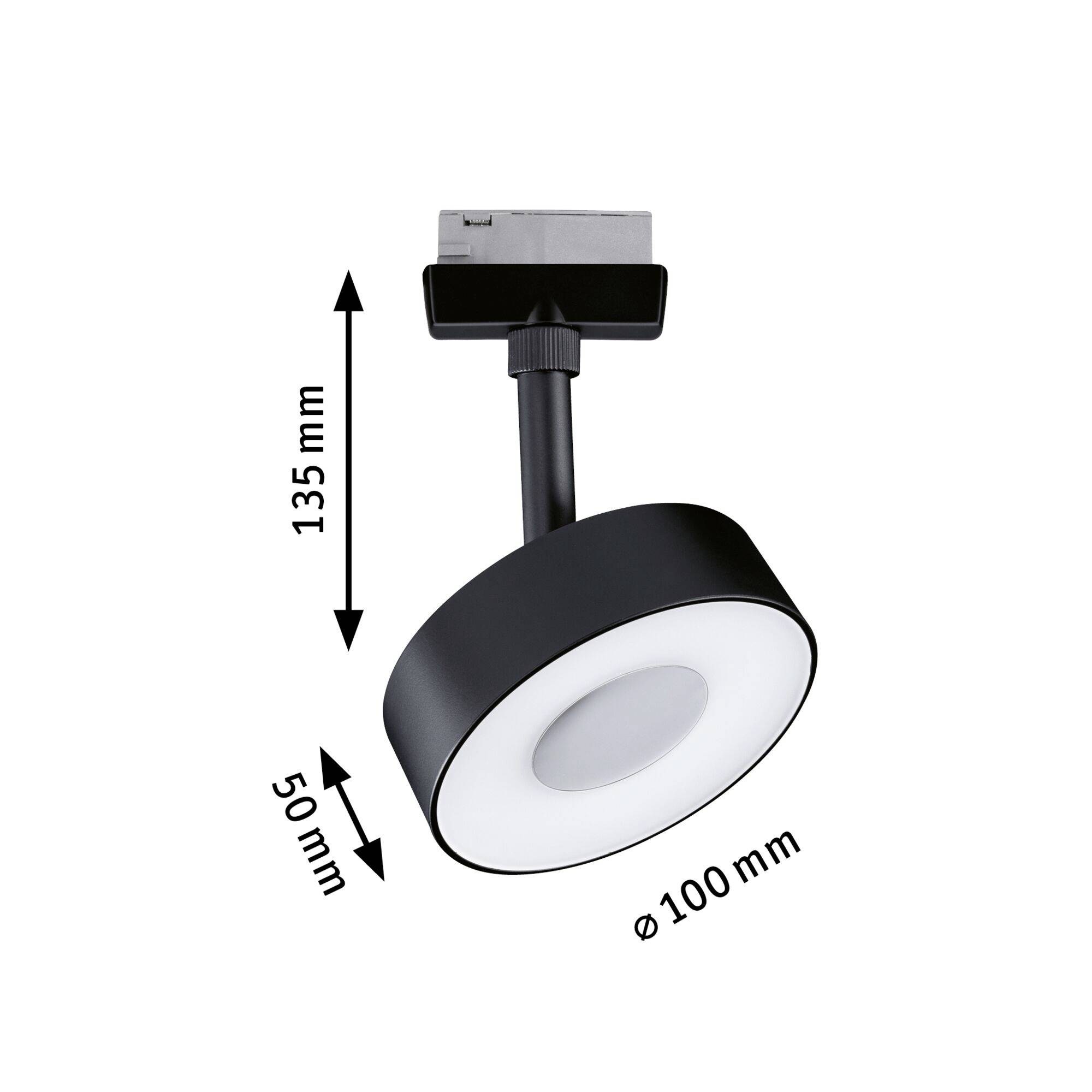 Projecteur de plafond LED en noir, mesure 135 mm de hauteur, 50 mm de largeur, et a un diamètre de 100 mm.