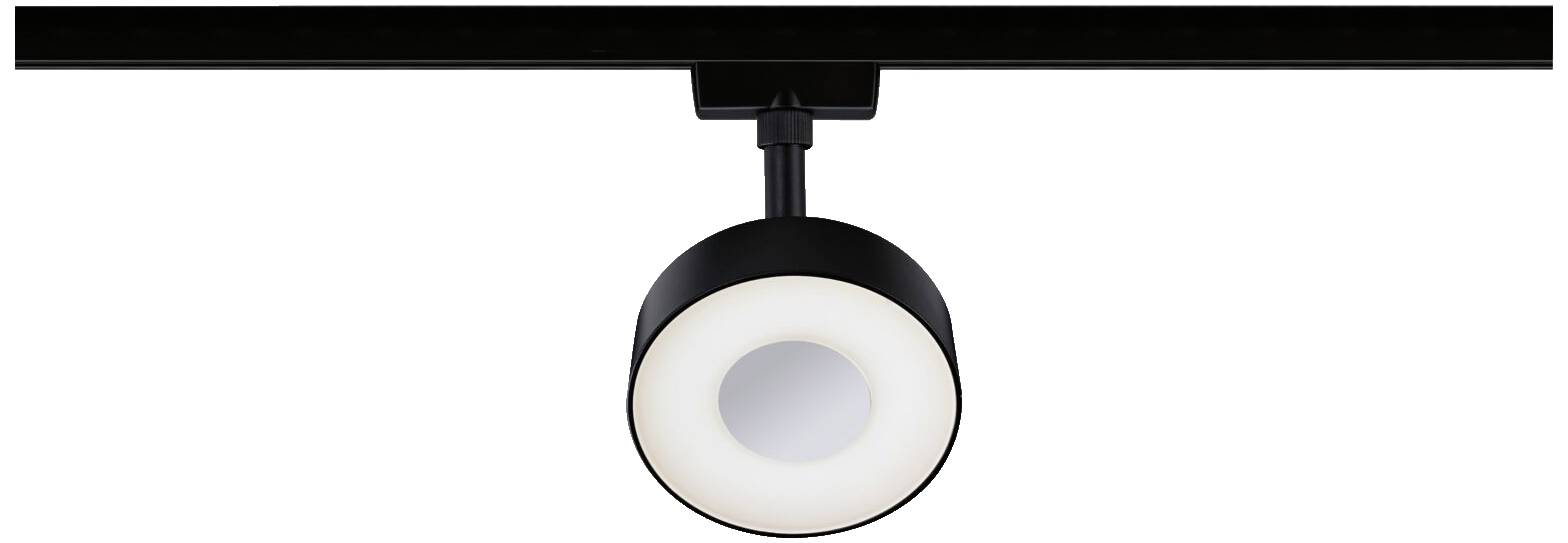 Un projecteur noir de plafond avec une tête ronde et un éclairage LED intégré, monté sur une rails.