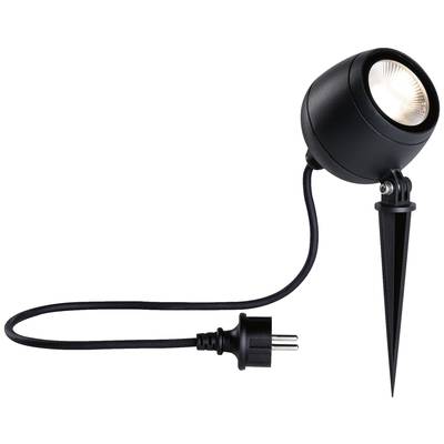 Un projecteur LED noir avec piquet de terre et câble électrique, prêt à l'emploi avec une fiche européenne, sur fond blanc.