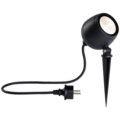 Un luminaire de jardin noir avec piquet de terre et fiche, adapté à l'éclairage extérieur.