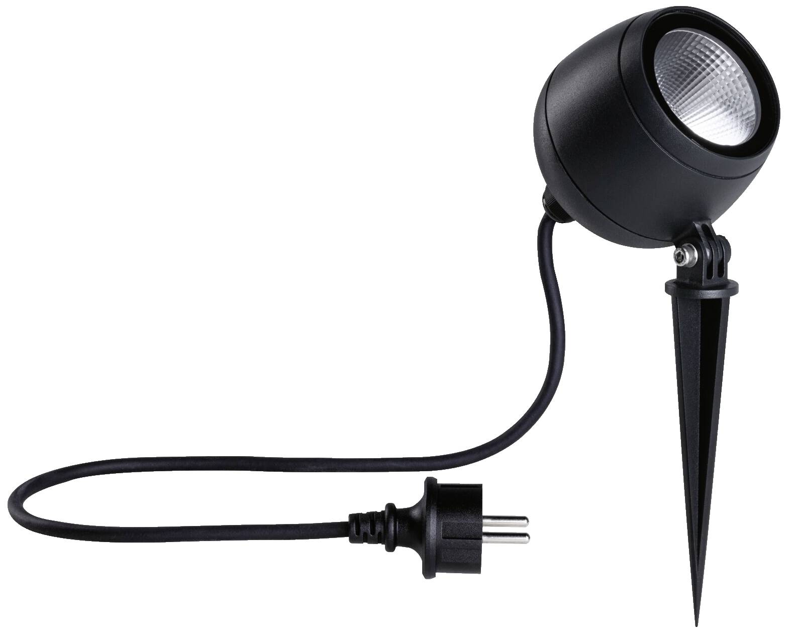 Projecteur de jardin noir avec piquet de terre et câble secteur, adapté à l'éclairage extérieur.