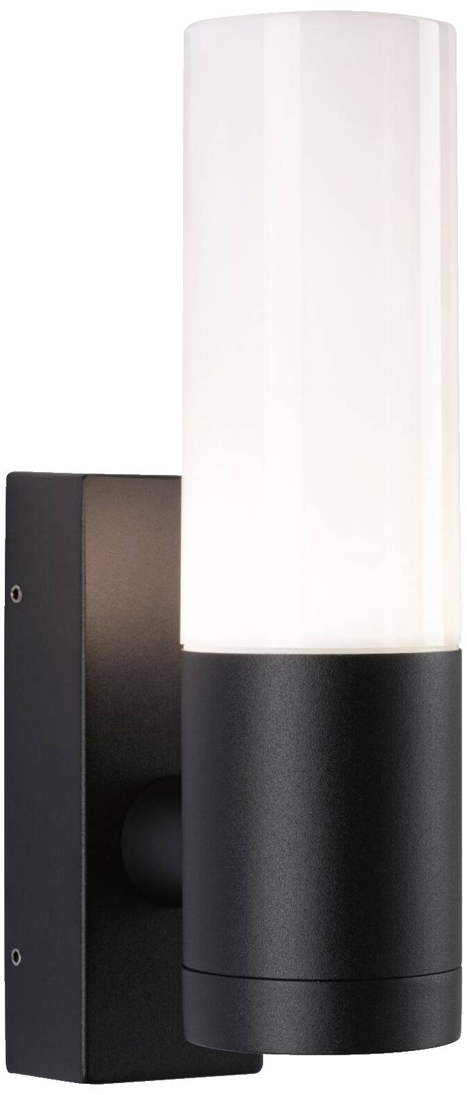 Une lampe murale moderne, cylindrique, avec un support noir et un abat-jour blanc, diffuse une lumière douce.