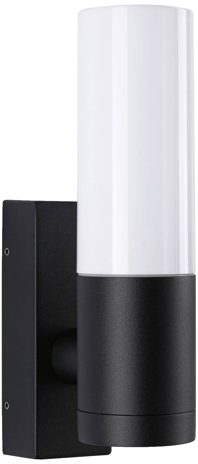 Applique murale moderne noire avec diffuseur cylindrique blanc, adaptée à l'extérieur. Idéale pour un éclairage élégant.