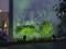 Deux buissons éclairés dans un jardin la nuit, avec une fenêtre laissant filtrer la lumière sur la gauche. Des luminaires au sol projettent une lumière verte sur les plantes.