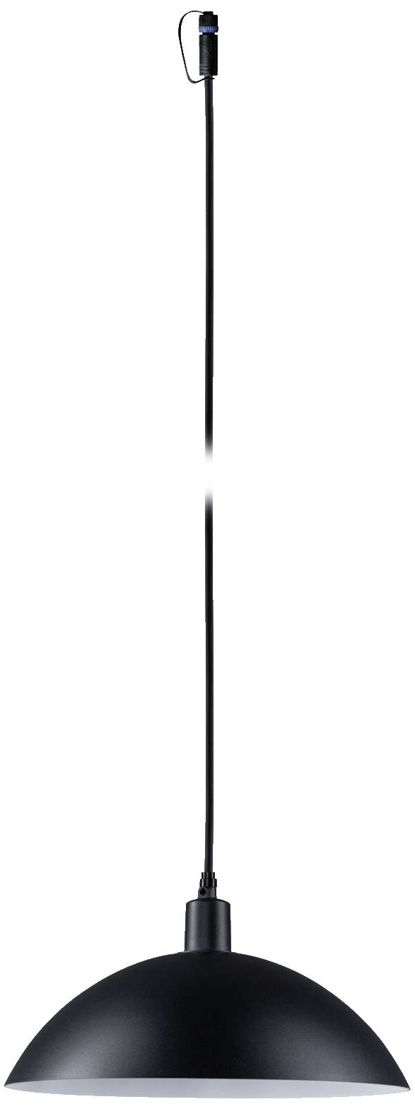 Suspension noire avec abat-jour semi-circulaire et long câble, adaptée aux espaces intérieurs modernes.