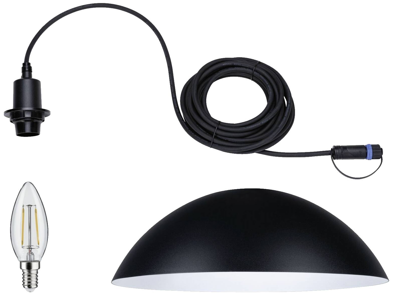 Suspension noire avec câble et douille, ampoule en forme de bougie et un abat-jour semi-circulaire en métal.