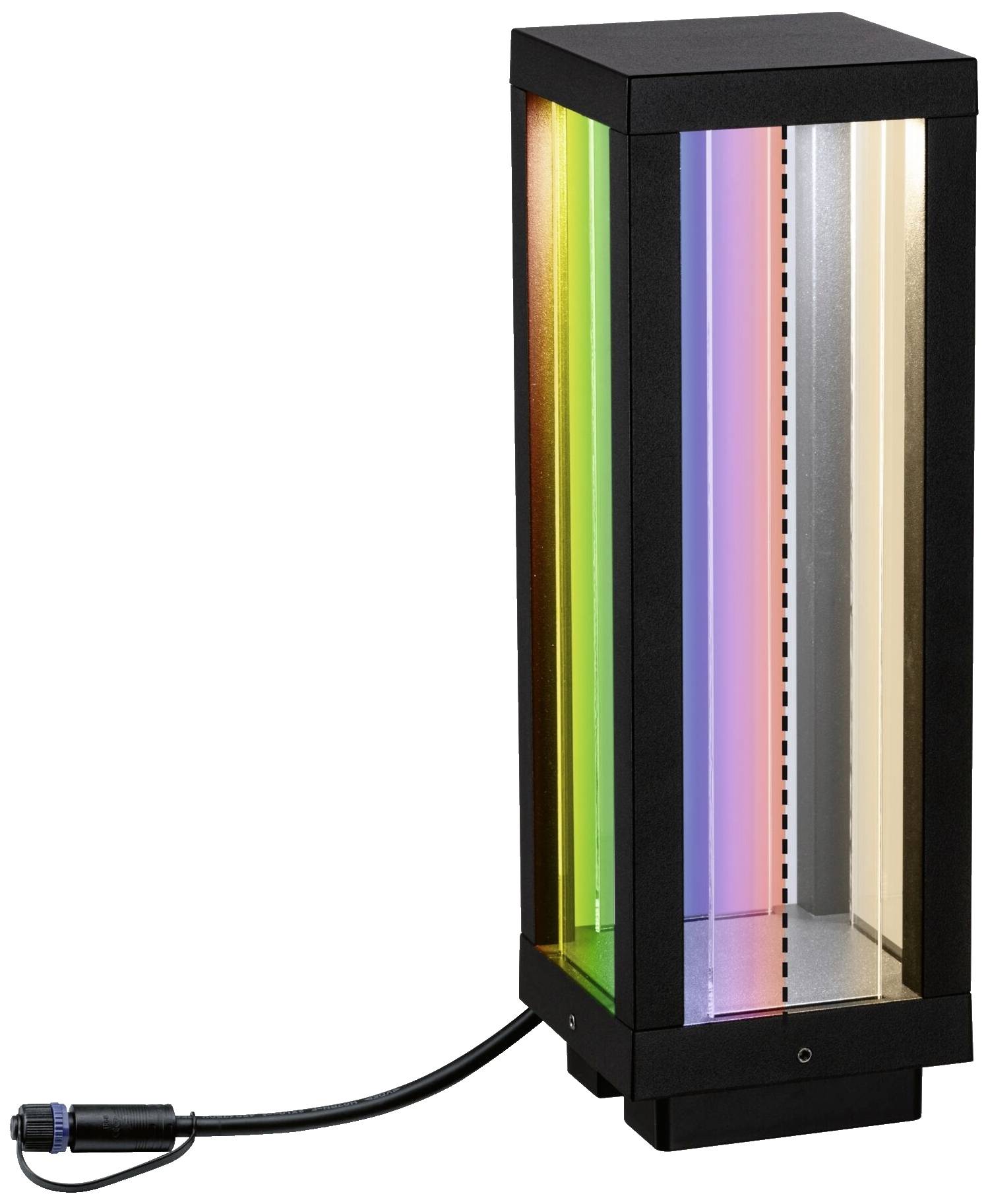 Une lampe rectangulaire avec des bandes lumineuses verticales colorées en rouge, vert, violet et bleu. Elle repose sur une base carrée et dispose d'un câble d'alimentation branché.