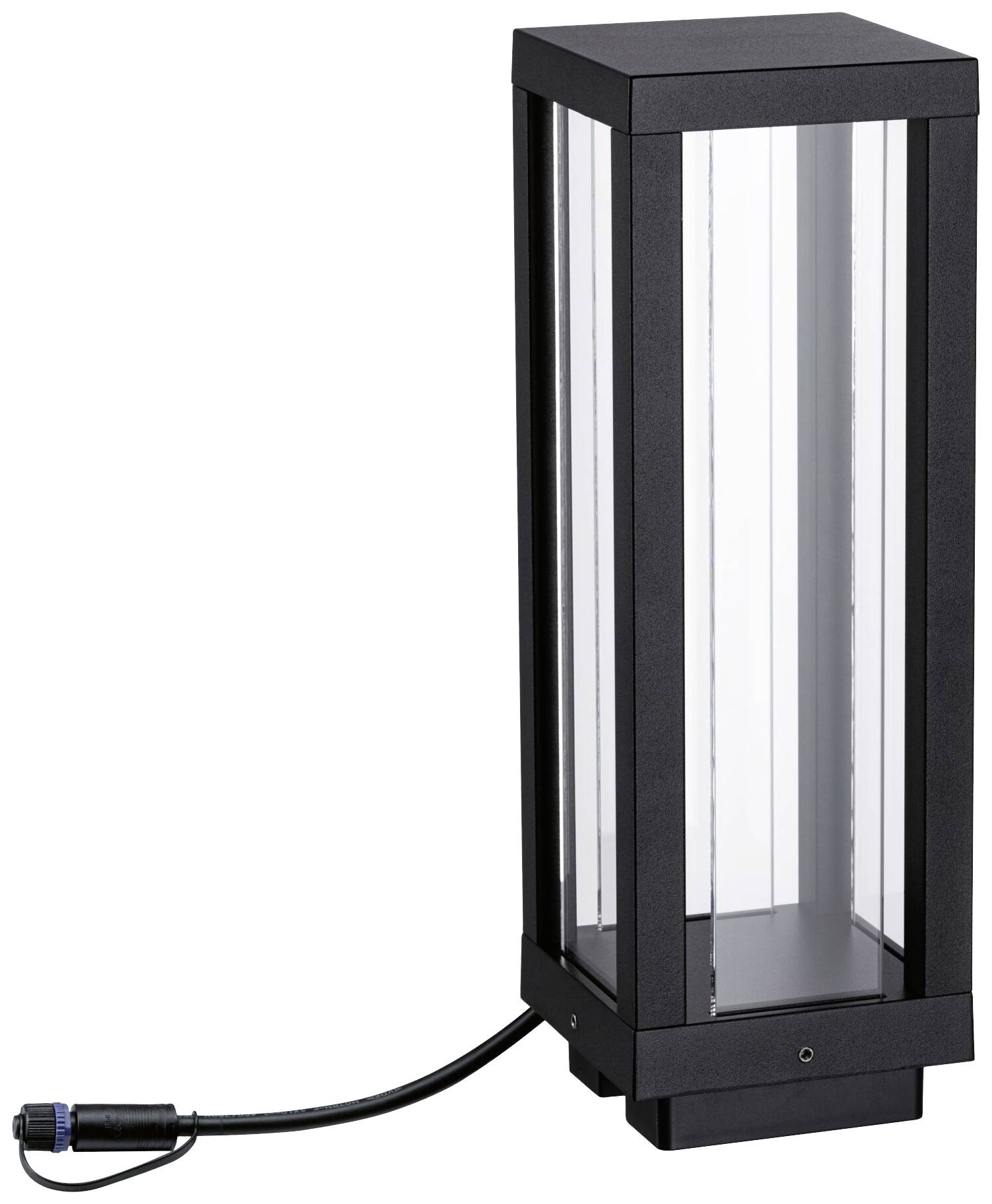 Un luminaire extérieur rectangulaire noir avec un boîtier transparent et un câble électrique, adapté à l'éclairage des allées de jardin.