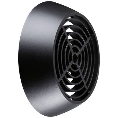 Un ventilateur noir, rond, avec des grilles de protection, légèrement vu de côté.