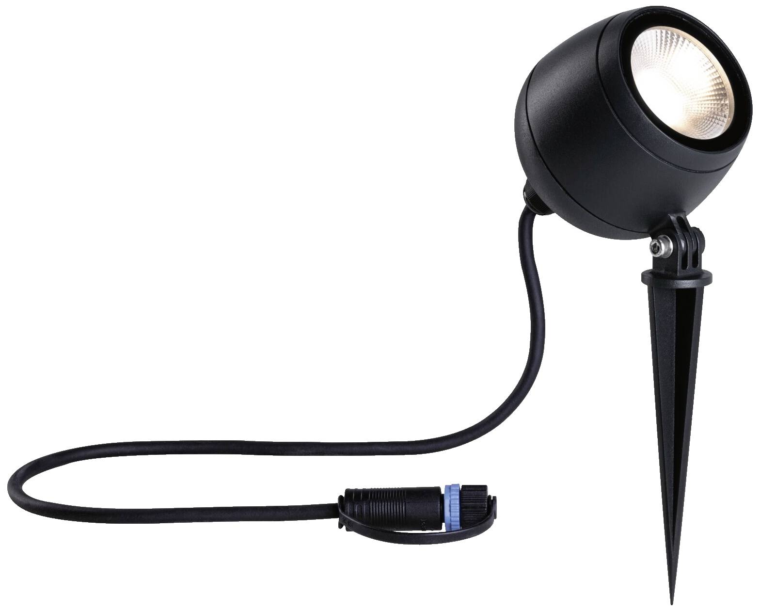 Une borne d'éclairage de jardin noir montée sur une pique de terre, avec un câble électrique et une fiche de connexion, adaptée à l'éclairage extérieur.