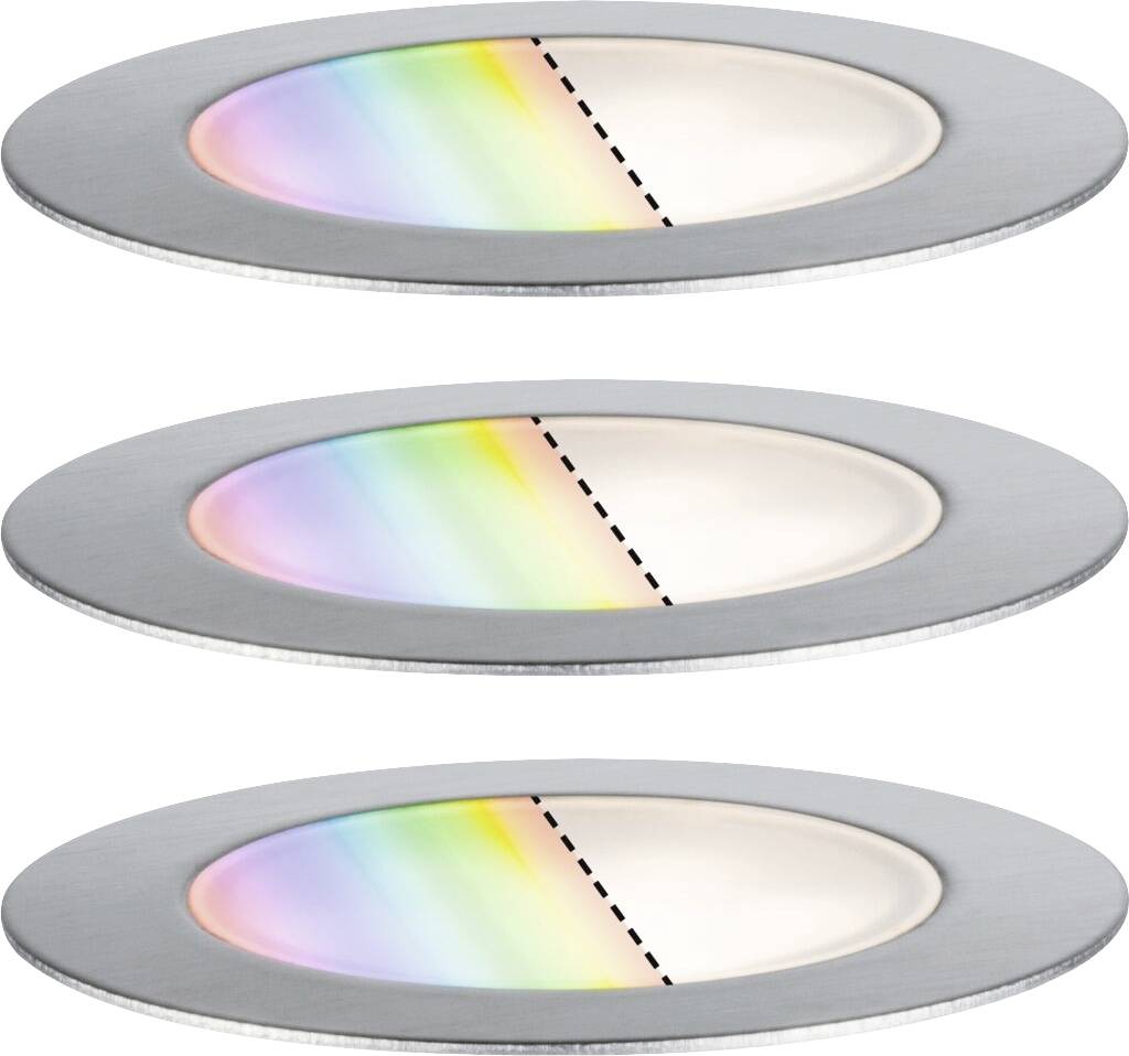 Trois plaques alignées, chacune montrant un cône de lumière à travers un prisme. Le haut et le bas ont peu de couleur ; le centre est plus vivant.
