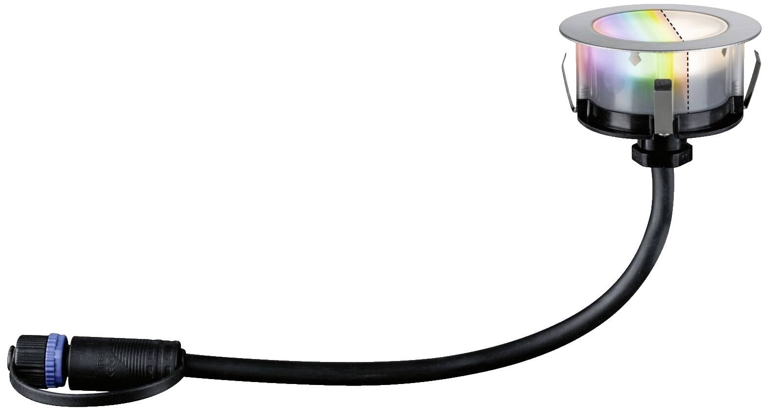 Un luminaire LED encastré circulaire avec éclairage RVB, relié par un câble noir à un connecteur bleu.