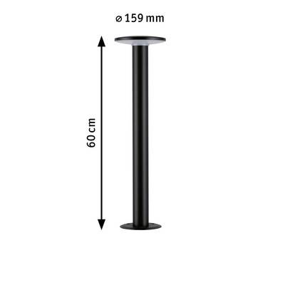 Lampadaire noir, 60 cm de hauteur, 159 mm de diamètre, avec base ronde et tête plate.