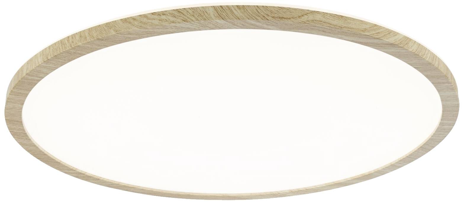 Plafonnier rond avec bordure en bois, design moderne, diffusion douce de la lumière.
