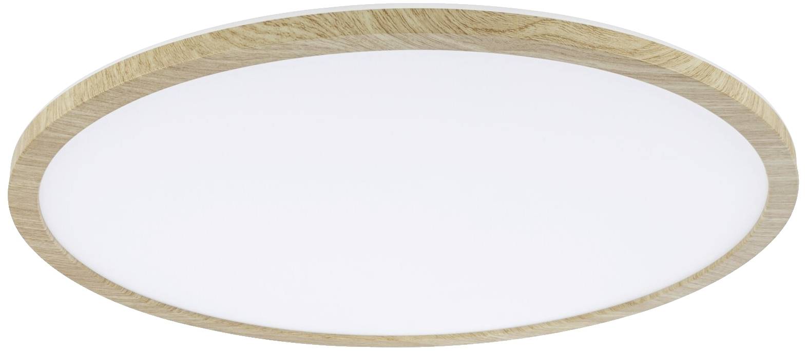 Plafonnier LED rond avec cadre en bois. Il offre un éclairage uniforme et un design moderne pour les espaces de vie.