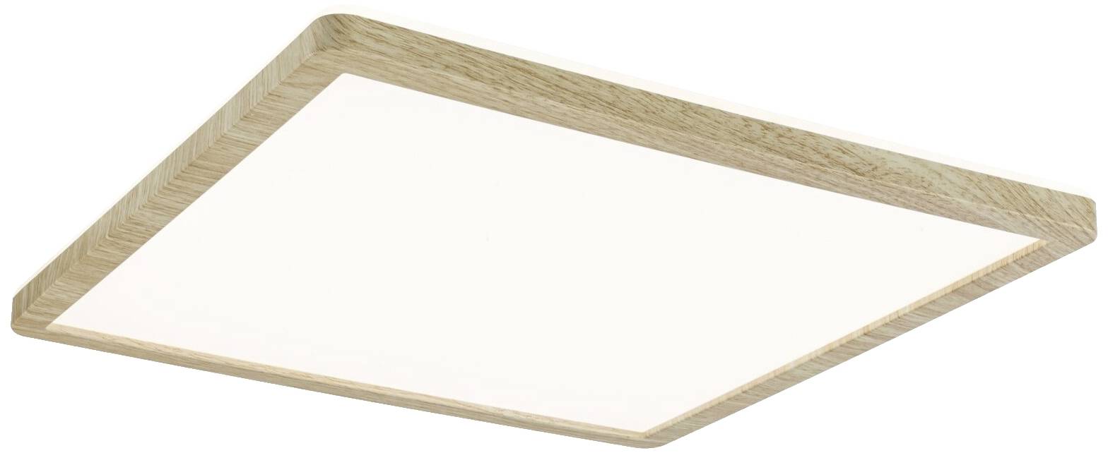 Plafonnier LED carré avec cadre en bois, design moderne. Idéal pour un éclairage uniforme de la pièce.