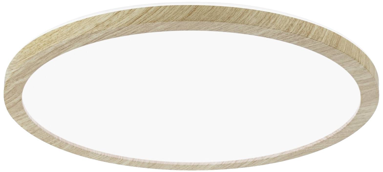 Plafonnier LED rond avec cadre en bois, design minimaliste, adapté aux espaces intérieurs contemporains.