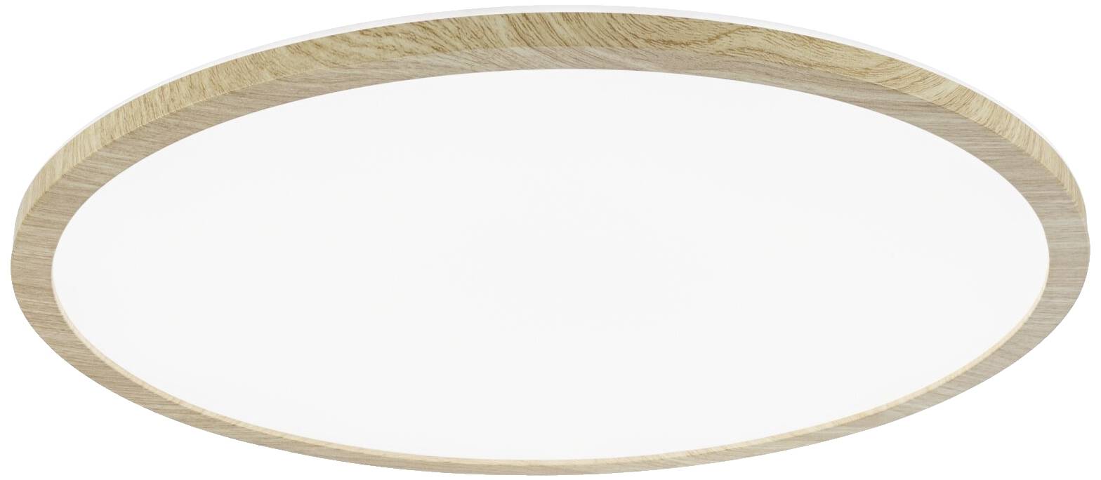 Luminaire de plafond rond, plat et moderne avec cadre en bois, adapté à un intérieur minimaliste.