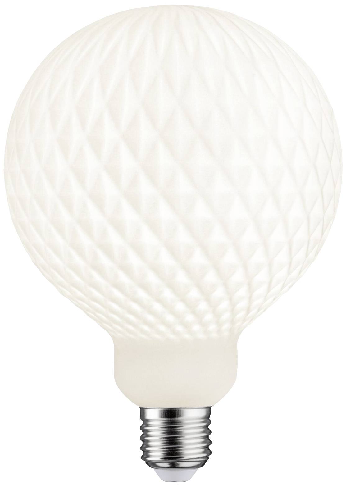 Grande ampoule LED blanche avec un motif structuré en forme de losange et un support argenté, adaptée aux luminaires décoratifs.