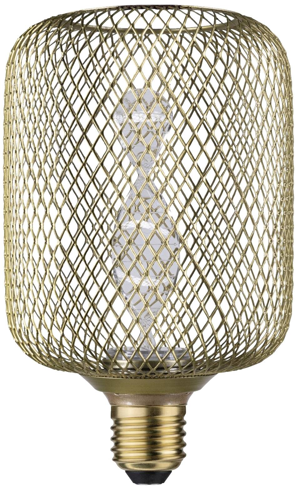 Une ampoule décorative avec un motif de grille métallique doré, illustrant un design moderne.